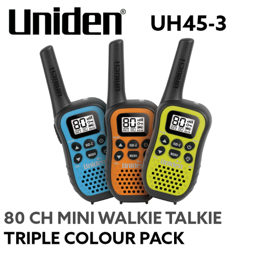 Uniden UH45-3 80 Channel UHF CB Handheld Radio w/ Kid Zone  Triple Colour Pack