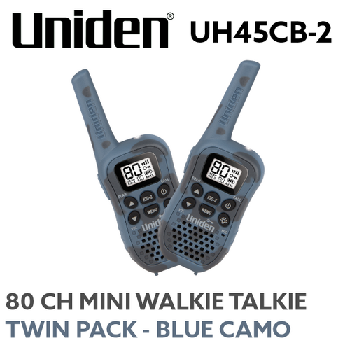 Uniden UH45CB-2 80-Channel UHF CB Handheld Radio with Kid Zone  Blue Camo Twin Pack